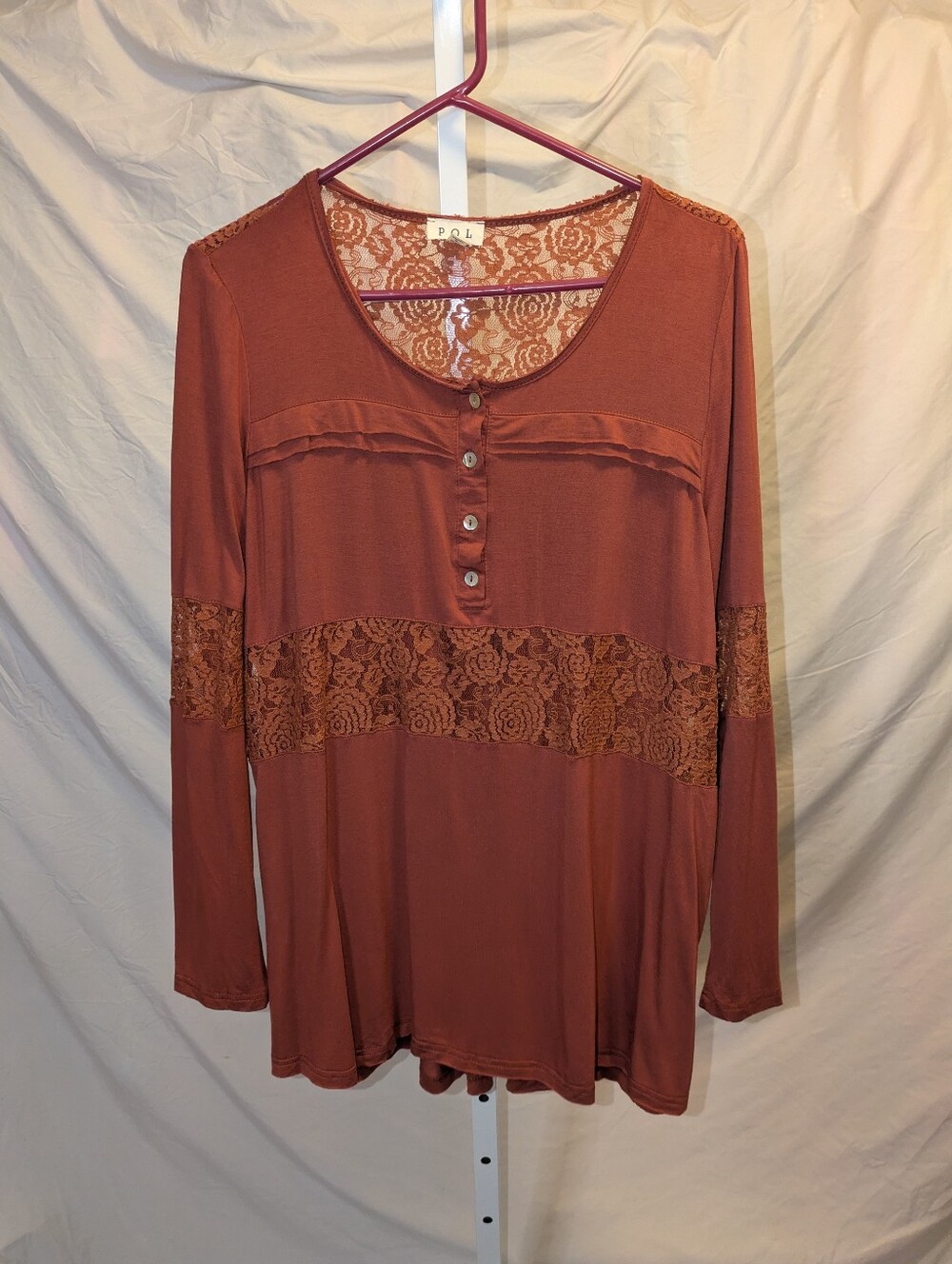 POL Rust Lace Inset Henley Long Sleeve Top Medium Tunic Boho
